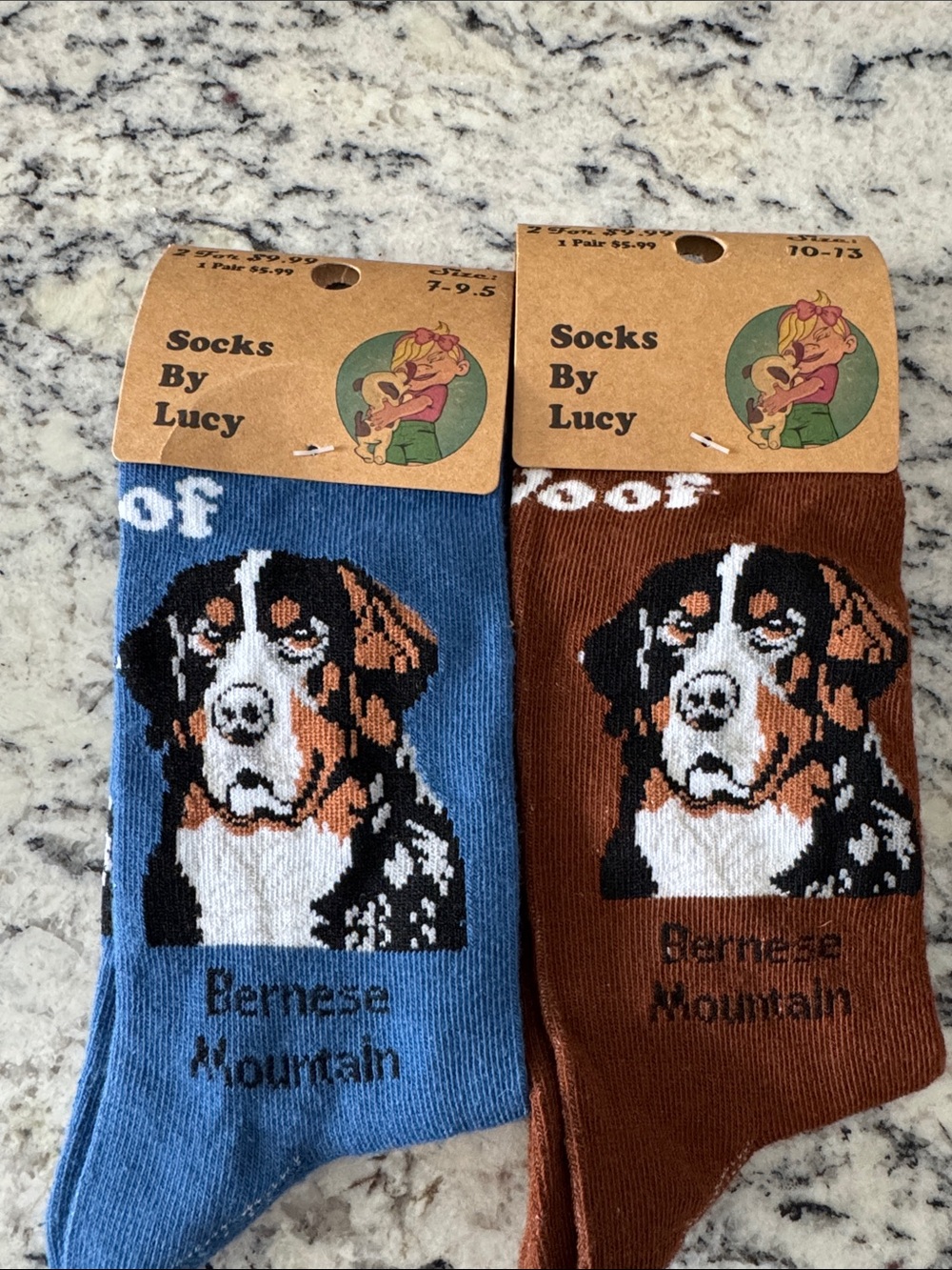 Socks By Lucy Bernese Mountain Dog Crew Socks - Blue & Brown both pair 2